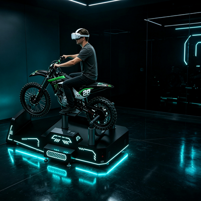 محاكي دراجة نارية VR تجاري في مصنع قوانغتشو مع نظام ردود فعل لمسية